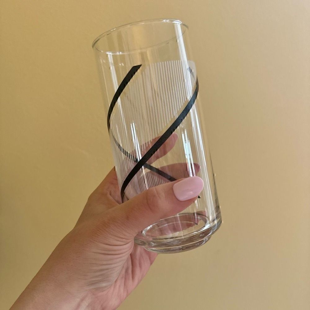 Georges Briard and Crisa Tall Glass Tumblers with Black Swirls and White Stripes - Picture 2 of 2
